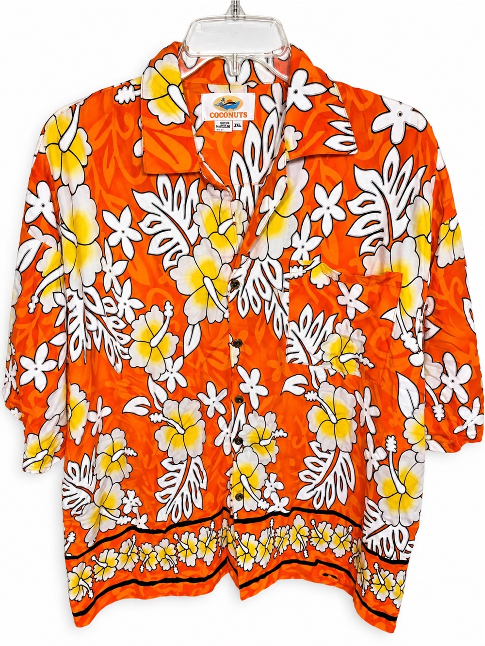 Coconuts Men’s XL Hawaiian Shirt Orange Hibiscus Floral 100% Rayon